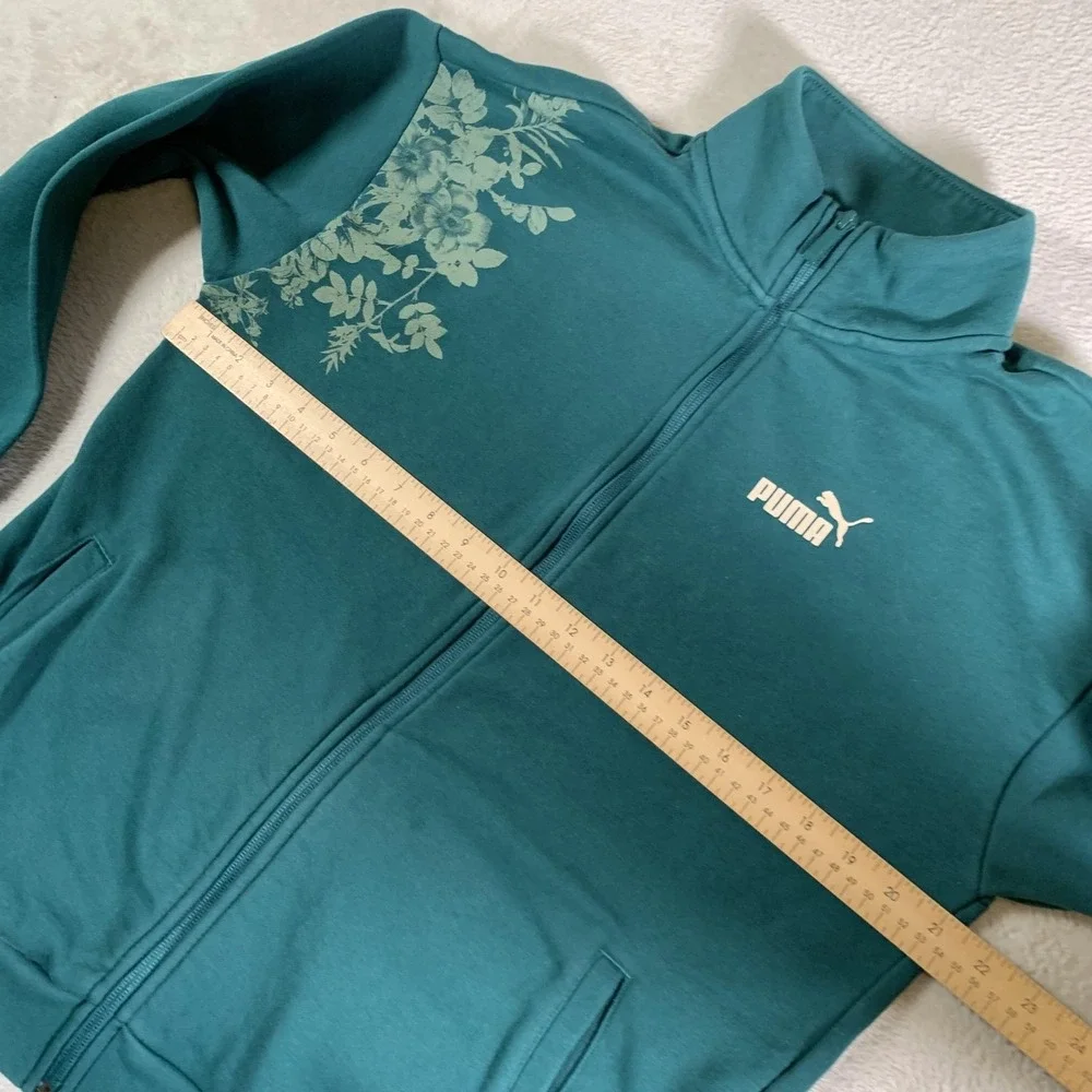 Puma Track Jacket Womens Small Teal Floral Full‎ Zip Sweatshirt Cotton Blend - Picture 6 of 15